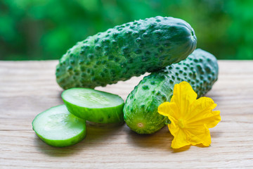 Close up view on a fresh cucumbers, whole and sliced, with yellow flower lying on a wooden table on a background of green garden in blur (shallow depth of field)