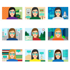 Set of augmented reality modern futuristic glasses on woman