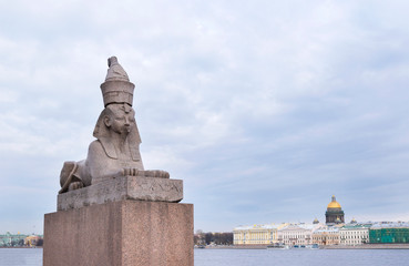 Fototapeta na wymiar stone Sphinx on the Neva embankment in St. Petersburg,