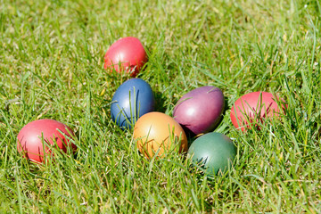colorful Easter eggs lying on meadow