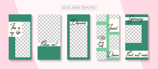 Editable Stories Minimal Vector Layout. Social Media Like and Share, Trends, Sale -50 Photo Frames Kit. Sale Insta Stories Layout