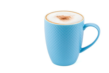 Side view of Hot cappuccino coffee in a blue ceramic tall mugs pastel colored tone isolated on white background. (Clipping path inside)