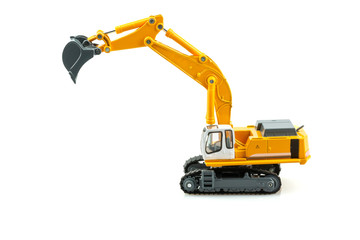 Yellow excavator model toy isolated on white background.