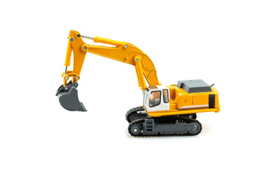 Yellow excavator model toy isolated on white background.