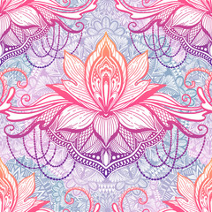Art seamless pattern lotus flower mandala. Ethnic abstract print. Colorful repeating background texture. Culture bohemian ornament.