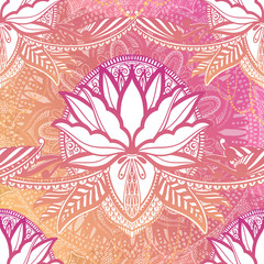 Art seamless pattern lotus flower mandala. Ethnic abstract print. Colorful repeating background texture. Culture bohemian ornament.