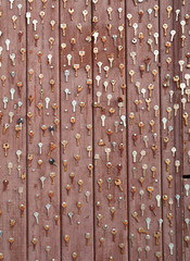 Plenty of old keys on the wooden wall.