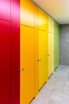 Bright colored doors in the public toilet in the Mall.