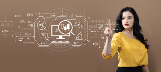 Stock trading concept with business woman on a brown background