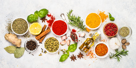 Set of various spices and herbs top view.