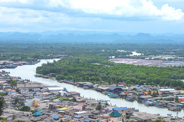 The point of view of Cityscape and a boat parked in Tha Taphao river , Background mountains and ...
