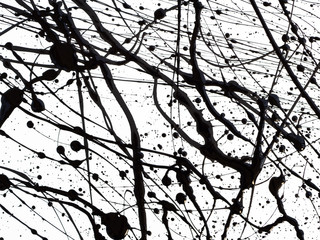 Dripping black line paint isolated on white background. Flowing fuel oil splashes, drops and trail