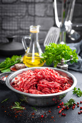Mince. Ground meat with ingredients for cooking