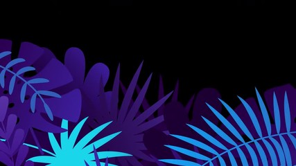 Seven animation transitions. Nice fashion frames and wiping with purple and blue tropical leaves. 4K motion graphic.