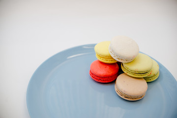 collection of colorful French  Macarons are next to each other on a blue plate on white background
