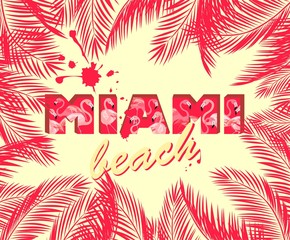 T shirt print with hot pink palm leaves frame and Miami beach lettering with pink flamingo