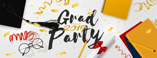 Graduation vector banner. Background Congrats graduates with objects viewed from above hat with degree paper, books, notebook and pencil, glasses, gold confetti, ribbons and stars.