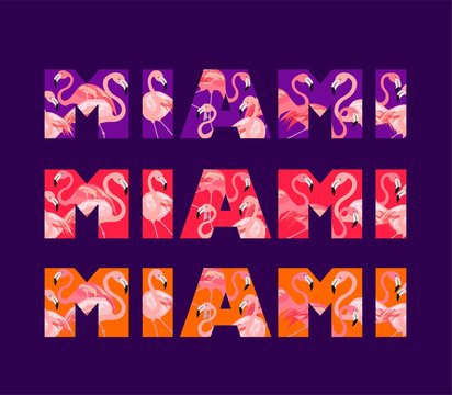 Violet, Pink And Orange T Shirt Prints Variation Miami Lettering With Cute Pink Flamingo