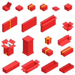 Isometric set of red cardboard box isolated with yellow ribbon on white background. Isoleted vector illustration. Open and close empty carton packaging box of cartoon style for your bisiness design