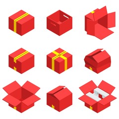 Obraz premium Isometric set of red cardboard box isolated with yellow ribbon on white background. Isoleted vector illustration. Open and close empty carton packaging box of cartoon style for your bisiness design