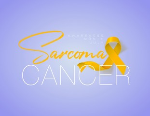 Sarcoma and Bone Cancer Awareness Calligraphy Poster Design. Realistic Yellow Ribbon. July is Cancer Awareness Month. Vector