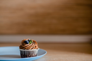 decorated  tasty Cupcake with slice of Strawberry and Chocolate on the table. Horizontal view several objects