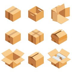 Isometric set of brown cardboard box isolated on white background. Isoleted vector illustration. Open and close empty carton packaging box of cartoon style for your bisiness design