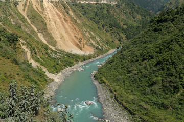 Top view of a riverscape in the Himalayas