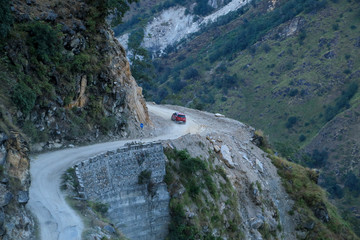 Top view of a curve on the road through the himalayas
