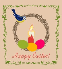 Easter retro greeting card with candle, painted eggs, blue tit and floral vignette
