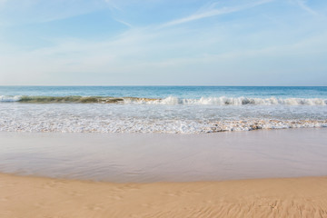 Fototapeta na wymiar seascape of waves in ocean at empty beach in Mirissa, Sri Lanka 