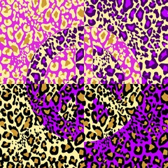 Fashionable leopard print and hippie peace symbol. Fashion design for textile, wallpaper, t shirt, bag, poster, scrapbook in golden, pink and purple color