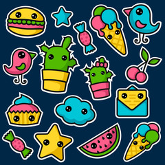 Set of cute kawaii stickers. Cupcake, ice-cream, candy, bird and etc. Collection emoticon manga, cartoon style. Vector illustration. Adorable characters icons design 