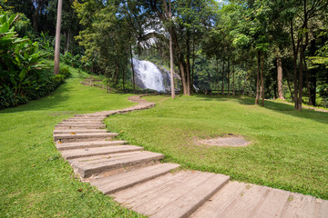 wooden footpath to vachiratarn waterfall is a beautiful waterfall in chiang mai,Thailand