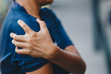 Shoulder Injuries , young woman with pain in shoulder, Ache in human body , office syndrome ,...
