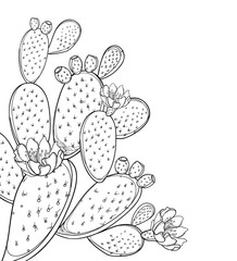Corner bunch of outline Indian fig Opuntia or prickly pear cactus, flower, fruit and spiny stem in black isolated on white background.