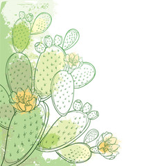 Fototapeta premium Corner bunch of outline Indian fig Opuntia or prickly pear cactus, flower, fruit and spiny stem in pastel green on the white background.