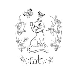 graphic cat with wildflowers with insects
