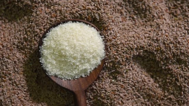 Psyllium husk or isabgol which is fiber usually mixed with water and consumed for curing constipation - video footage