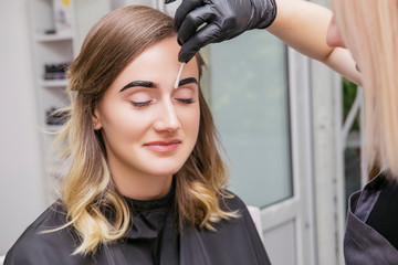 Naklejka premium Brow and make up artist shaping and coloring eyebrows of her woman client in salon. Procedure in process. Space for text