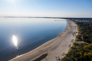 a drone flies over the sea bridge of Ahlbeck