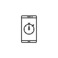 Smartphone with stopwatch. Hand points at stopwatch timer. blue icon. Single flat icon isolated on white background. vector illustration., One of set web icons. eps 10.