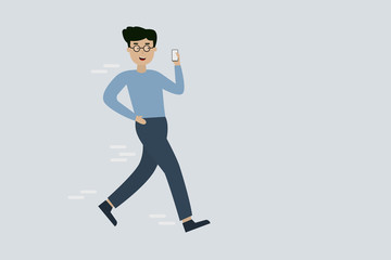 A Man holding mobile phone as walking on the walkway 