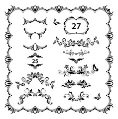 Vintage floral dividers, page ruler and headers vector set. Black and white retro design