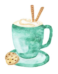 Turquoise ceramic mug of cappuccino with milk foam topping, decorated with wafer rolls. Hand drawn watercolor illustration isolated on white background for menu and card design.