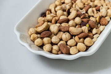 nuts, cashew nuts, dry almonds all on a plate close up