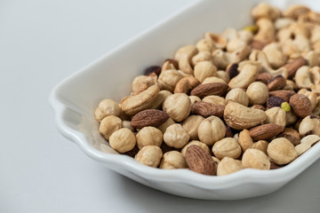 nuts, cashew nuts, dry almonds all on a plate close up