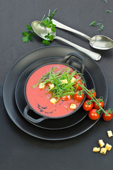 Tomato soup with croutons and sugar pods