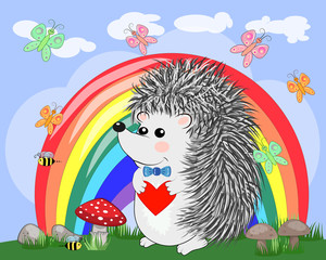 Obraz na płótnie Canvas Lovely cartoon hedgehog near the seven-colored rainbow in a clear, sunny cheer, a summer day