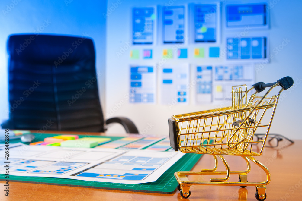 Poster ux ui designing. development of online store interface. workplace web designer. e-commerce. designin